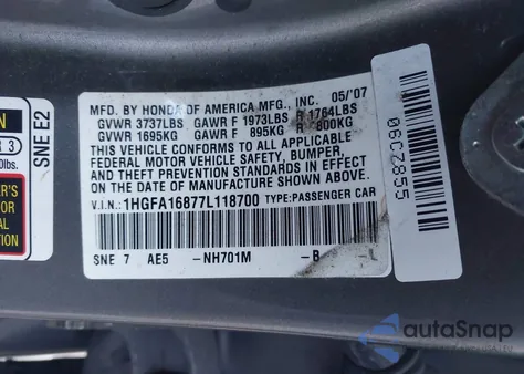 2007 Honda Civic Ex from USA, damaged, VIN 1HGFA16877L118700